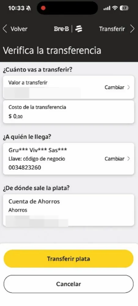 Pago por Bre-B desde Bancolombia a Grupo Vivex SAS con llave de negocio