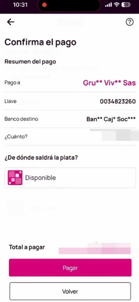 Pago por Bre-B desde Nequi a Grupo Vivex SAS en Banco Caja Social