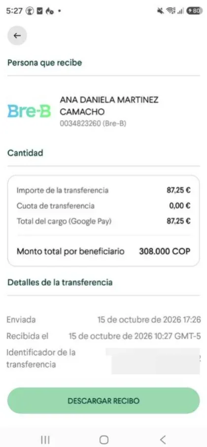 Recibo de pago por Bre-B desde una app internacional donde aparece Daniela Martínez, representante legal de Vivex