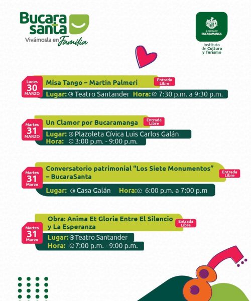 Programación BucaraSanta 2026 día Lunes 30 Marzo y Martes 1 de abril
